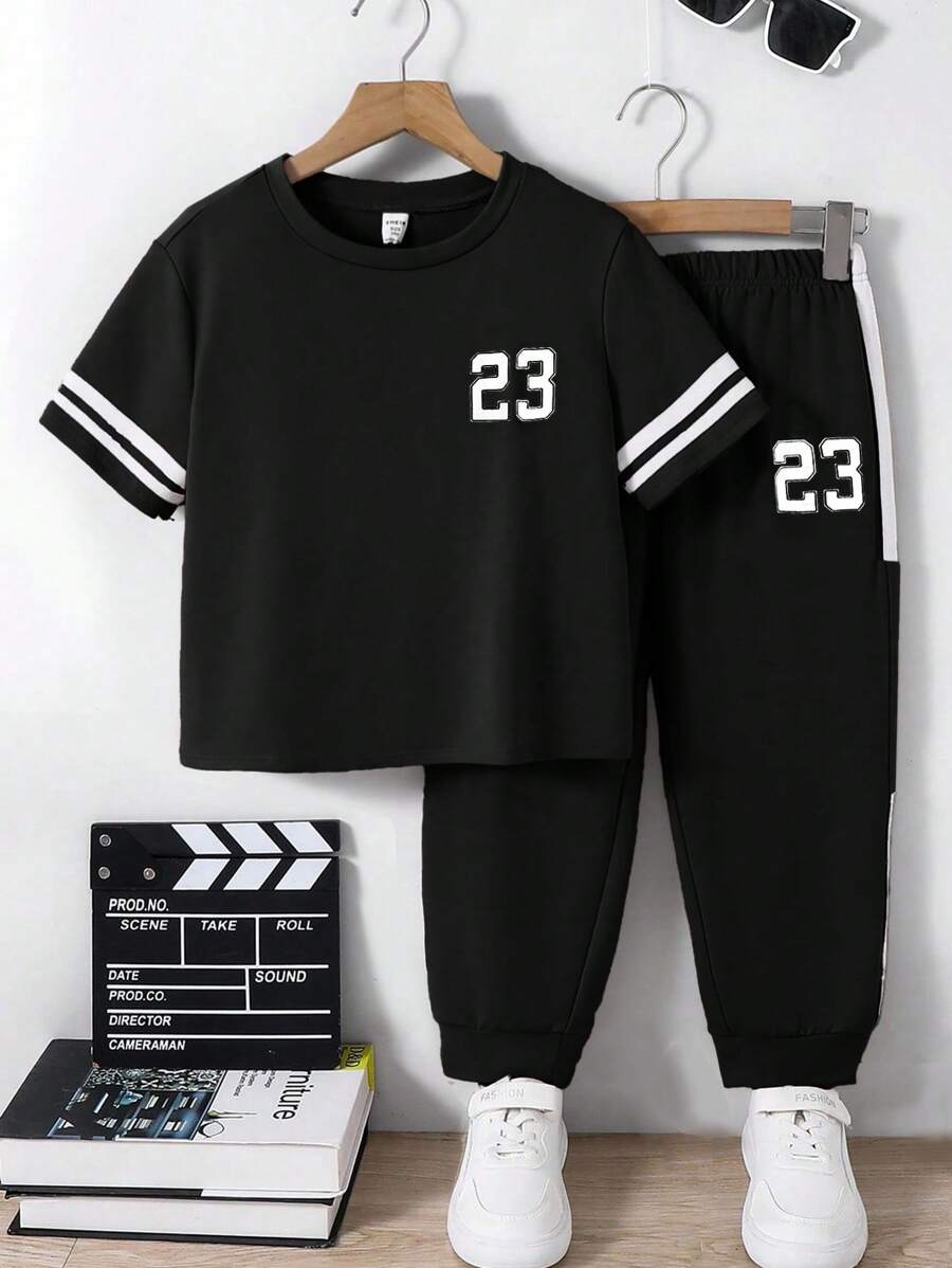 SHEIN 2pcs/Set Baby Boys Black Summer Casual Vacation Sports Style Short Sleeve T-Shirt And Drawstring Long Pants Set,Comfortable Spring & Summer Outfits - Black - View 1