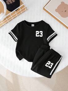 SHEIN 2pcs/Set Baby Boys Black Summer Casual Vacation Sports Style Short Sleeve T-Shirt And Drawstring Long Pants Set,Comfortable Spring & Summer Outfits - Black - View 8