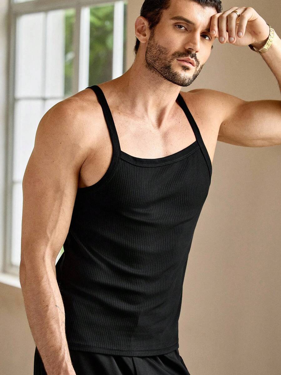 Manfinity VCAY Men's Casual Ribbed Knit Slim Fit Sleeveless Undershirt Tank Top, Suitable For Everyday Wear, Men's Tank Top, Sleeveless Shirt, Ribbed Tank Top, Slim Fit Tank, Black Tank Top, Solid Color Undershirt, Gym Tank Top, Sexy Men's Top, Men's Fashion Top, Party Wear, Clubwear, Festival Top, Designer Tank, Summer Top