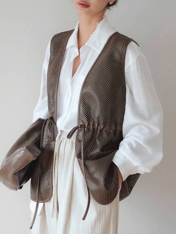 Dazy-Less Women Perforated PU Vest Jacket With Drawstring & Tie Waist, Casual Outerwear For Spring, Summer And Autumn