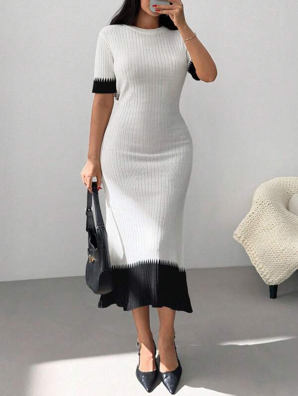 SHEIN Rochie de damă din tricot monocromă – contrast alb-negru, design cu mâneci scurte cu nervuri, potrivire cu talie înaltă și siluetă evazată, stil modern elegant