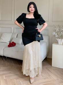 Modelyn Vestido elegante de talla grande con contrastes de color y patchwork de encaje - Negro - Ver 4