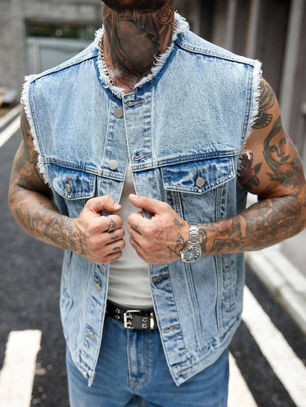 Manfinity LEGND Chaleco vaquero casual de hombre con botones delanteros desgastados, para verano