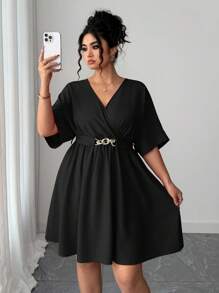 Elenzga 女士休闲简约 V 领收腰短款红色优雅晚礼服，夏季 - 黑色 - 查看 5