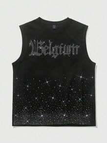 ROMWE MEN Goth Unisex English Graphic Rhinestone Decor Streetwear Tank Top, Halloween - Black - View 5