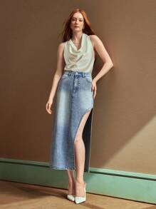 SHEIN EZwear 女式新款水钻高开衩修身优雅牛仔裙，适合所有季节 - 藍色 - 查看 8