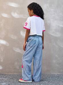 SHEIN 青少年女孩春夏街头服饰 Grunge Y2K 图案棒球衫 V 领 T 恤直筒裤两件套服装，两件套西装，短袖 + 直筒裤，仿牛仔布，79 号球衣，秋季返校 Y2K 街头服饰 Grunge