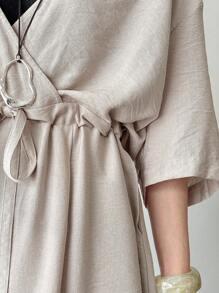 FRIFUL 女士波西米亚风休闲宽松纯色连体裤，短袖夏季抽绳连衣裙，前系带宽松连衣裙，米色连衣裙，V领连衣裙 - 杏色 - 查看 8