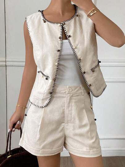 Livesso 女式夏季串珠装饰圆领无袖上衣和短裤两件套