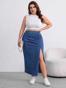 Firerie Minifalda de mezclilla talla grande, azul, con pliegues laterales, abierta y elástica, informal