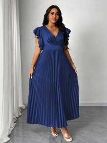 Maweii Plus Size Solid Color V-Neck Ruffle Sleeve Pleated Midi Dress - Navy Blue - View 4