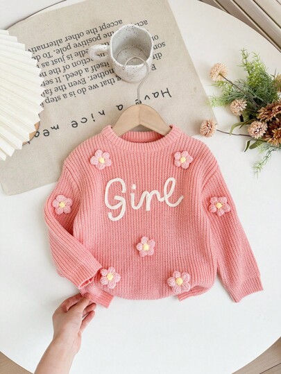 SHEIN Suéter casual com gola redonda e flores em relevo para meninas