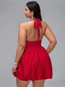 Flirla Đầm ngắn dự tiệc bồng bềnh hở lưng cỡ lớn cho nữ - Đỏ - Xem 3