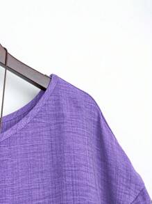 Linhara 加大码纯色圆领落肩不对称下摆衬衫