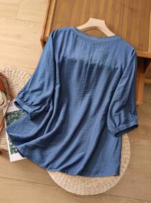 EMERY ROSE Women Plus Size Fashion Notched Neck 3/4 Sleeve Top