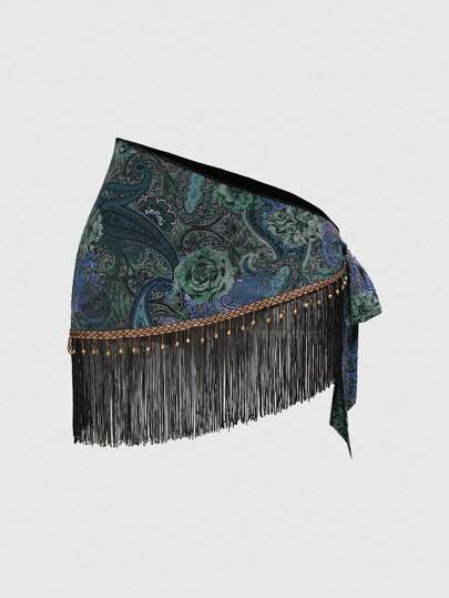 Hippie Plus Size Women Retro Bohemian Western Music Festival Paisley Print Drawstring Waist Fringed Hem Beaded Mesh Skirt