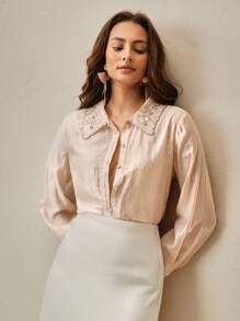 Anewsta Ladies' Independence Day In Spring And Summer, The New Small Fragrance Lace Heavy Craft Collar Custom Hand Beaded Embroidery Cute Long-Sleeved Pink Shirt Top. - Pink - View 7