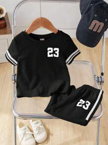 SHEIN 2pcs/Set Baby Boys Black Summer Casual Vacation Sports Style Short Sleeve T-Shirt And Drawstring Long Pants Set,Comfortable Spring & Summer Outfits - Black - View 5