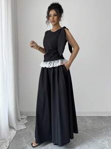 Selianne Women's Body-Shaping Top With Ruffle Hem Splice + A-Line Skirt, 2pcs Set - Black - View 4
