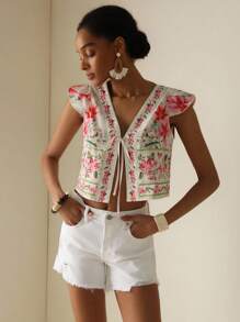 Vesra Elegant Summer Floral Print & Tied Hem Cropped Blouse Top - Multicolor - View 5