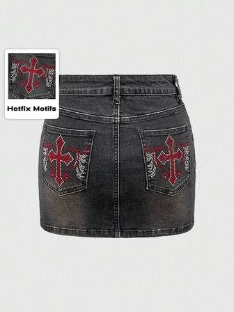 Grunge Punk Y2K Vintage Women Tight Cross Wing Rhinestone Decor Pocket Mini Denim Skirt