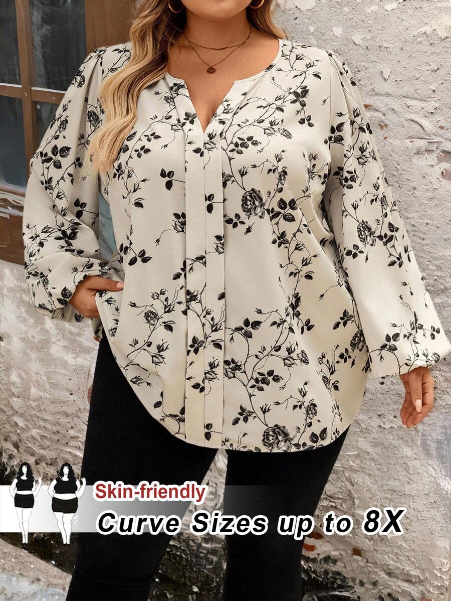 SHEIN CURVE+ Große Größen V-Ausschnitt Langarm Lässig Hemd mit Blumen Allover-Muster - Verschiedenfarbig - Übersicht 1