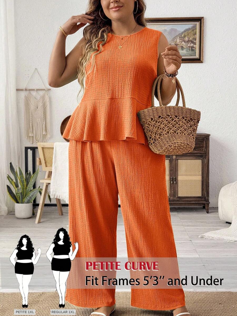 SHEIN PETITE CURVE Plus Size Solid Color Vacation Casual Vest And Long Pants Two Pieces Set Women Summer Clothing Women S Clothes Woman S Summer Clothes, Summer Outfits For Women, Suitable For People Of Shorter Stature
