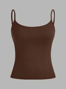 SHEIN PETITE CURVE 大码女式三件套紧身休闲背心（细肩带） - 棕色 - 查看 4