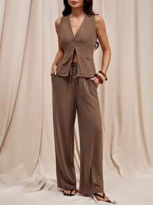 SHEIN PETITE Women Summer Casual Solid V-Neck Fitted Tank Top And Wide Leg Loose Pants Set - Brown - View 4