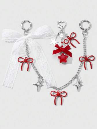 Kawaii 2pcs Fashion Elegant Lace Butterfly, Star Hollow Chain & Red Lace Butterfly Resin Star Heart Shaped Keychain Pendant Set, Versatile Stylish Accessory Gift For Women