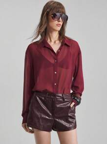 Ontre 极简优雅拼接2025新款女士短裤，酒红色，PU材质，低腰，休闲/商务，秋季日常服饰，优雅短裤 - 酒紅色 - 查看 3