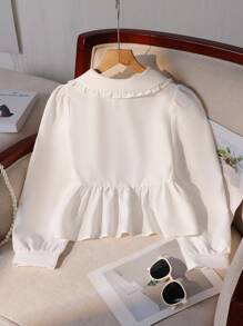 Tween Girls' White Fashion Elegant Cute Blouse For Tea Party School,Autumn Long Sleeve Casual Shirt With Frill Collar Decorative Bow,Minimalist - White - View 2