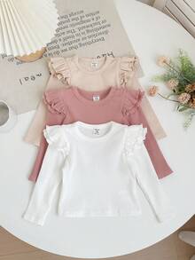 SHEIN LMoss Kids 年轻女孩纯色圆领荷叶边长袖休闲T恤