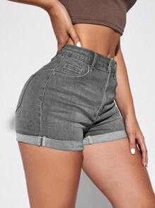 SHEIN Essnce Pantalones cortos vaqueros de mujer de tiro alto y ajustado con puño, de moda, para verano - Gris Claro - Ver 4