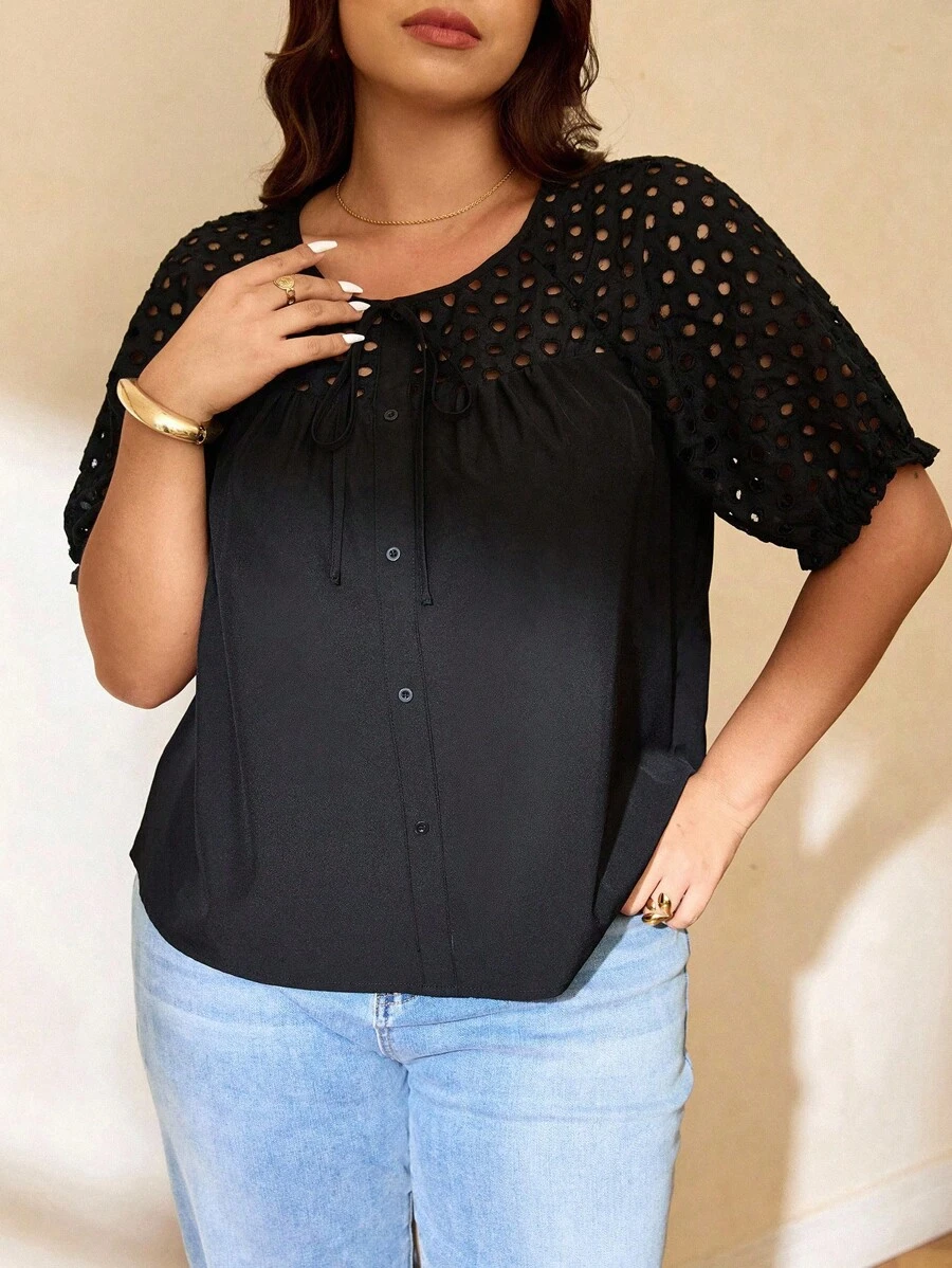 Elaquor Camisa de manga corta casual de unicolor con cuello redondo y calado, talla grande, para el verano