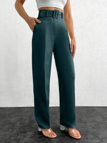 EURMUSE Women's Business Solid Color High Waist Suit Pants - Teal Blue - View 5