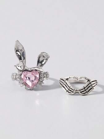 Kawaii 2pcs Y2k Cute Bunny Rhinestone Inlaid, Punk Finger Ring Set, Jewelry Gift