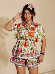 Sunserae Plus Size Women Floral Print Batwing Short Sleeve Top And Shorts 2 Pieces Set For Vacation Tropical Colorblock Floral Print Boho Fashionable Style For Summer - Multicolor - View 1