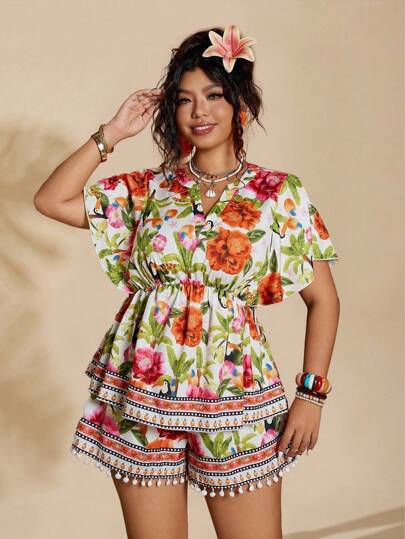 Sunserae 大码女式花卉印花蝙蝠袖短袖上衣和短裤两件套度假装