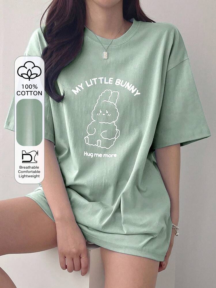 Women's Casual Cartoon Letter Print T-Shirt, Summer Easter