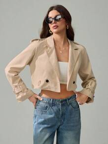 SHEIN Tall 女士时尚休闲短腰带风衣 - 卡其色 - 查看 8