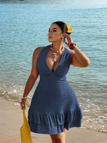 Flirla 大码女式纯色时尚露背性感深 V 领长裙