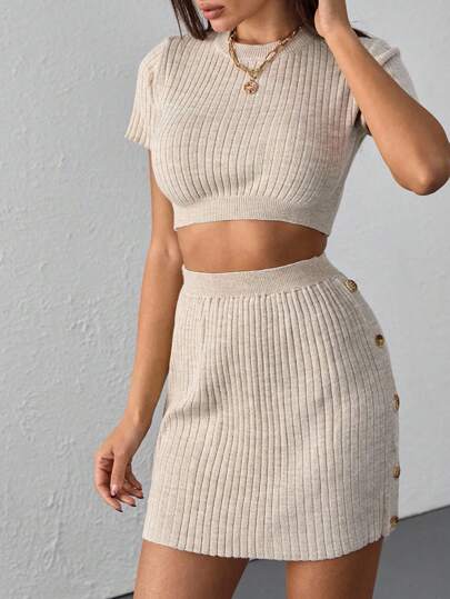 EURMUSE Women Solid Color Rib Knit Sweater & Button Detailed Sweater Skirt Set Knit Two Piece Set Korean Style