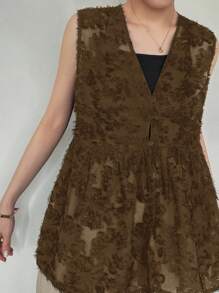 FRIFUL 女式V领纹理宽松无袖背心 - 棕色 - 查看 5