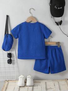 SHEIN Casuvi Kids 3pcs Toddler Boys Set: Letter Jacquard Knit Short Sleeve T-Shirt, Shorts, And Bag, Casual Fashion Daily Wear, Spring/Summer Boys Blue Short Set Boys 2 Piece Summer Set Blue Kids Short Set, School, Campus, College - Blue - View 2