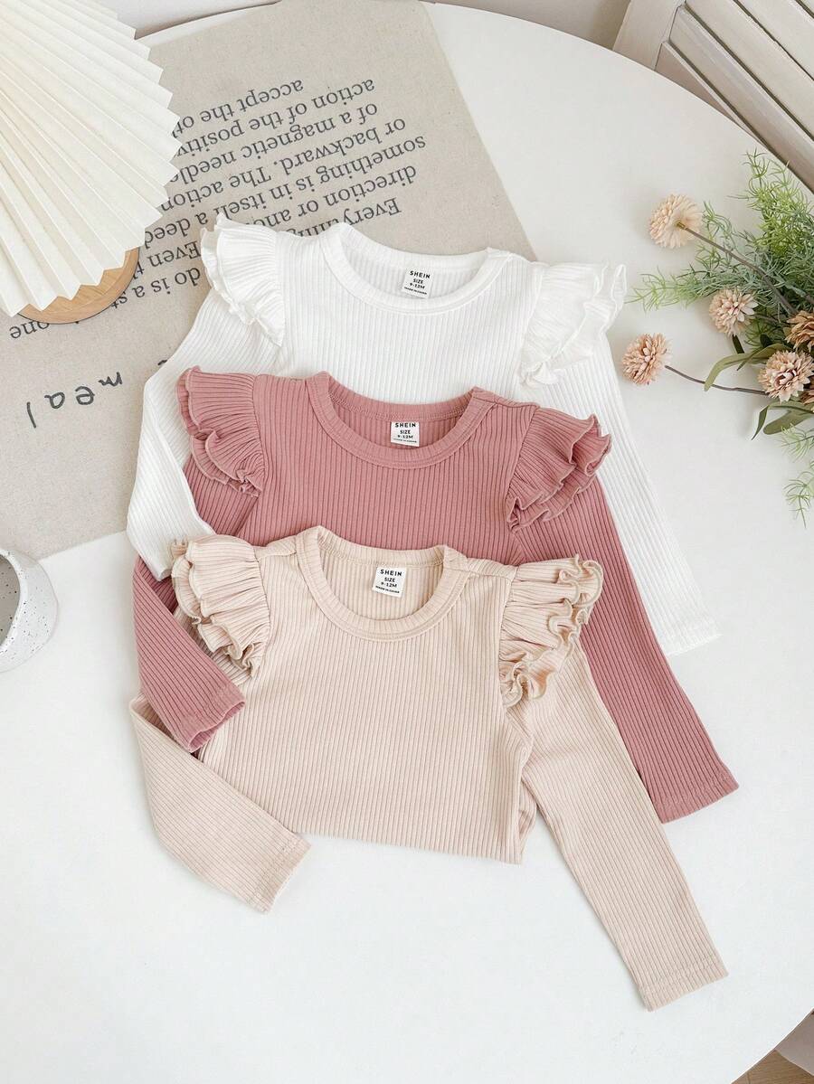 SHEIN LMoss Kids 年轻女孩纯色圆领荷叶边长袖休闲T恤