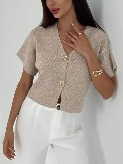 Aloruh New Minimalist Fashionable Office Commute Deep V-Neck Short Sleeve Slim Fit Buttoned Cardigan, Versatile Casual,Knitted Cardigan In Fall/Winter Going Out