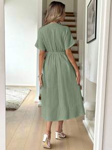 SHEIN LUNE Robe mi-longue à manches courtes casual avec nœud, couleur abricot, pour femmes