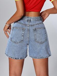 SHEIN PETITE Short de mezclilla lavado informal y minimalista para mujeres - Lavado ligero - Ver 2
