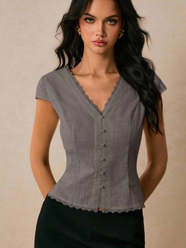 Poéselle Women's Fashion Elegant Contrast Lace V-Neck Blouse